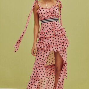 For Love & Lemons "Maison" ruffled tiered pink heart silk maxi dress XL